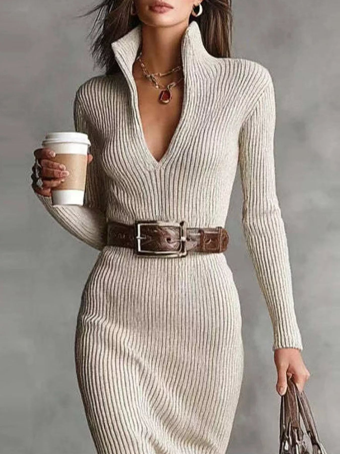 Elegant Ribbed Knit Turtleneck Midi Sweater Dress