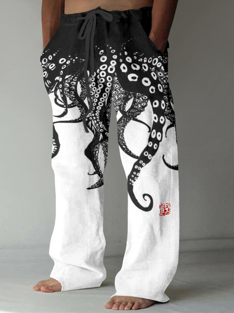 Vintage Japanese Art Octopus Legs Print Casual Linen Blend Pants
