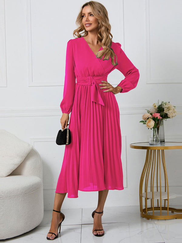 Long Sleeve Slim Pleated Belt V-Neck Dress A-Line Skirt
