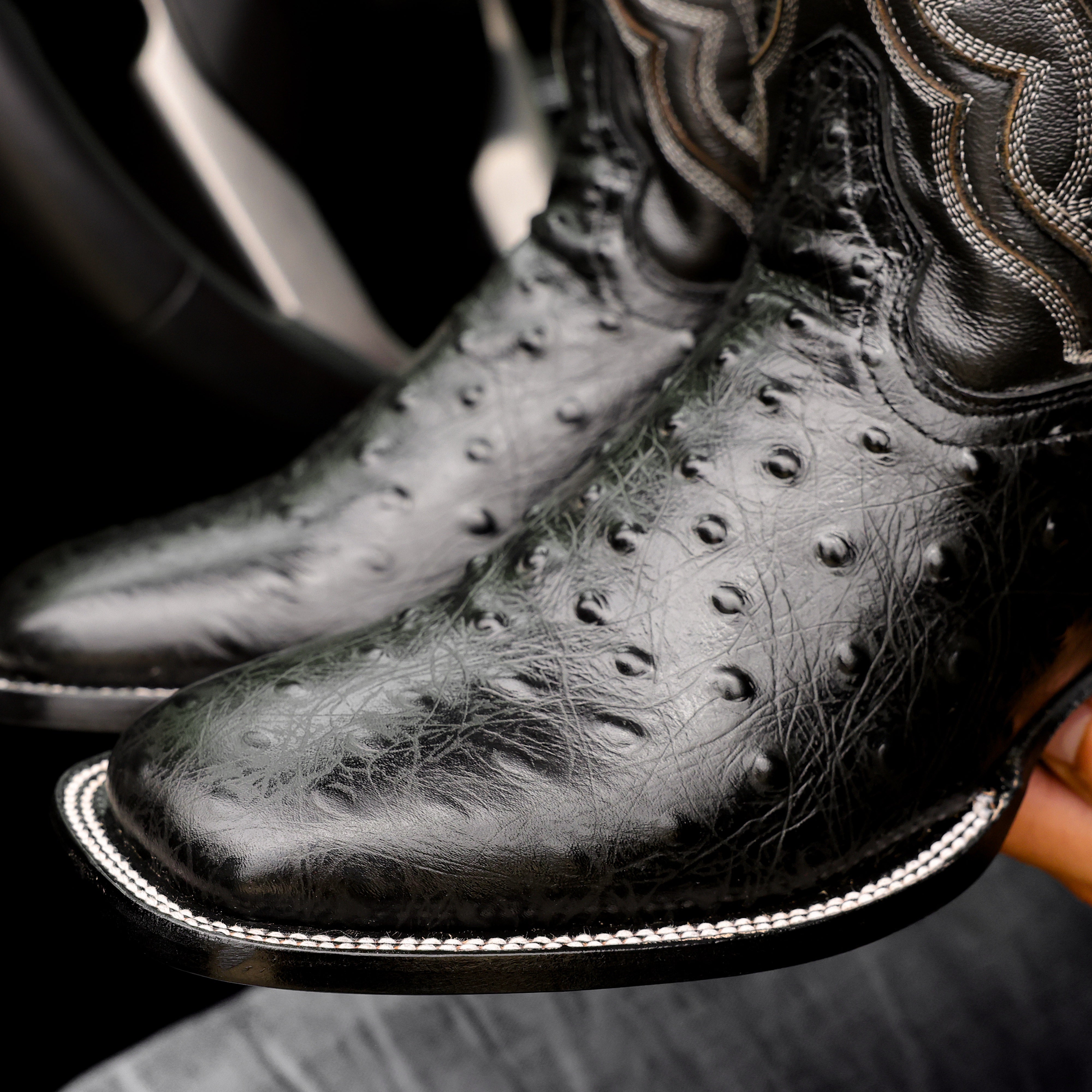 Black Ostrich Leather Boots - Square Toe