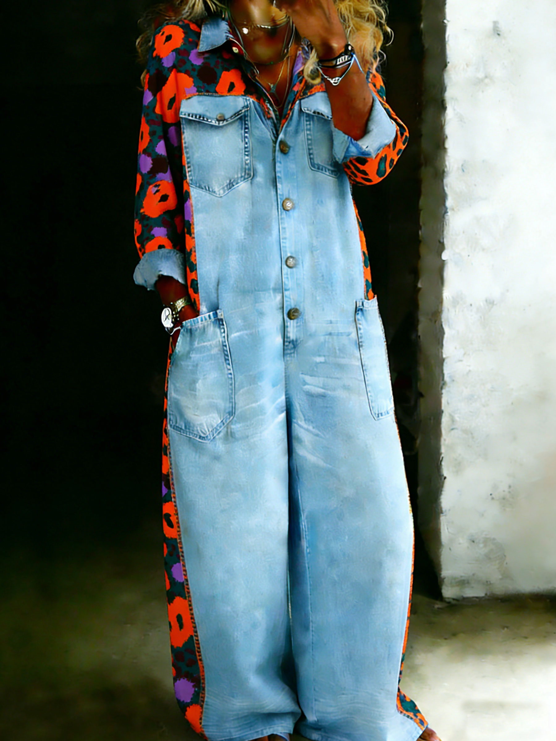 Women’s Color-blocking Combination One Piece Shirt Denim Jumpsuit