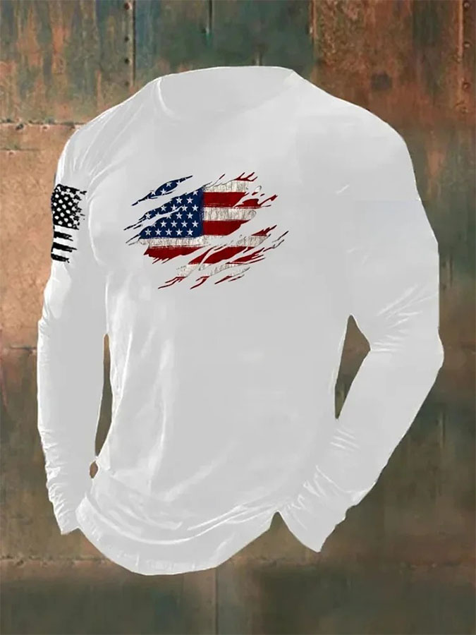 Men'S Retro American Flag Independence Day 250Th Anniversary Commemorative Edition Classic Printed Long Sleeve