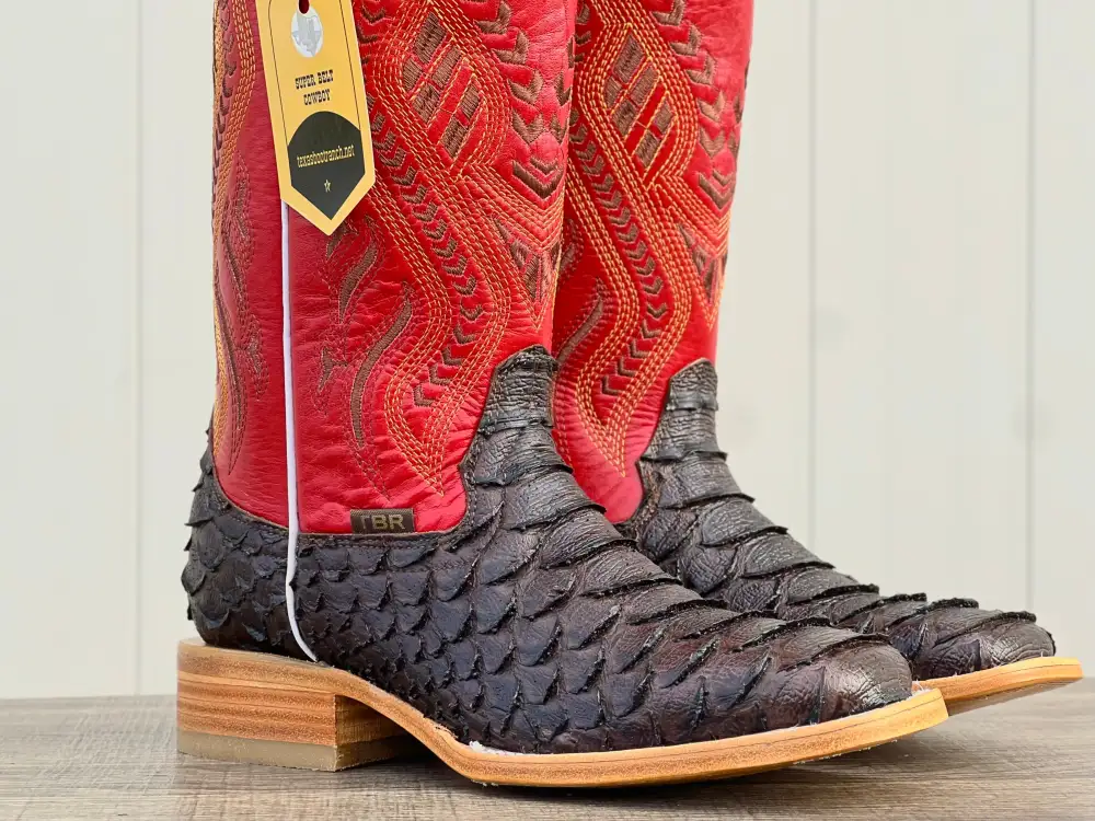 Men’s Brown Python Leather Boots With Red Shaft