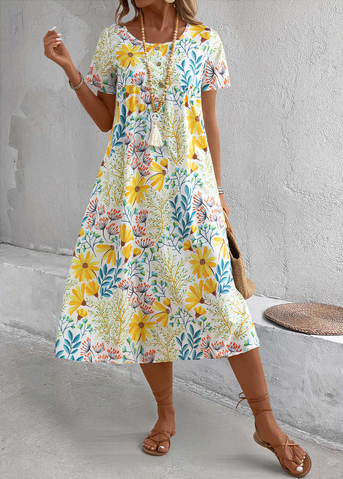Yellow Pocket Floral Print A Line Short Sleeve Dress