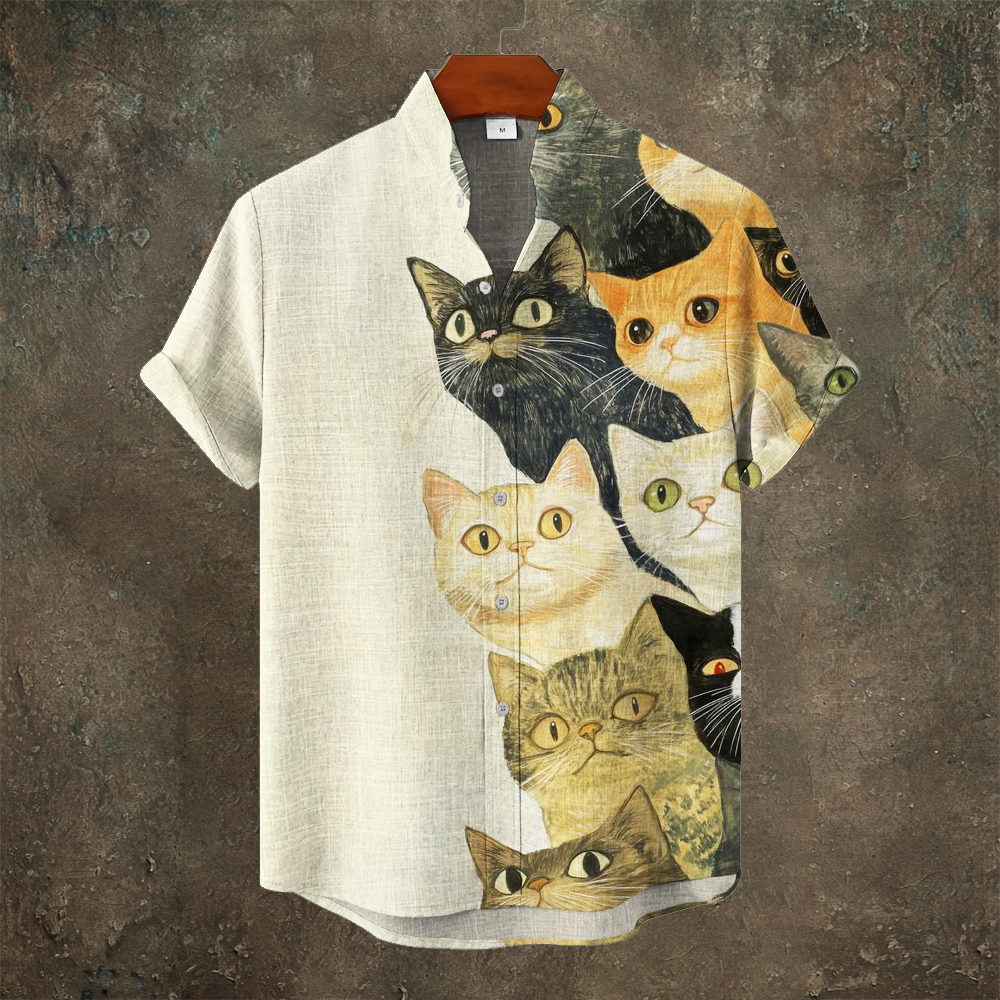 Vintage Japanese Cat Print Men's Linen Short Sleeve Shirt