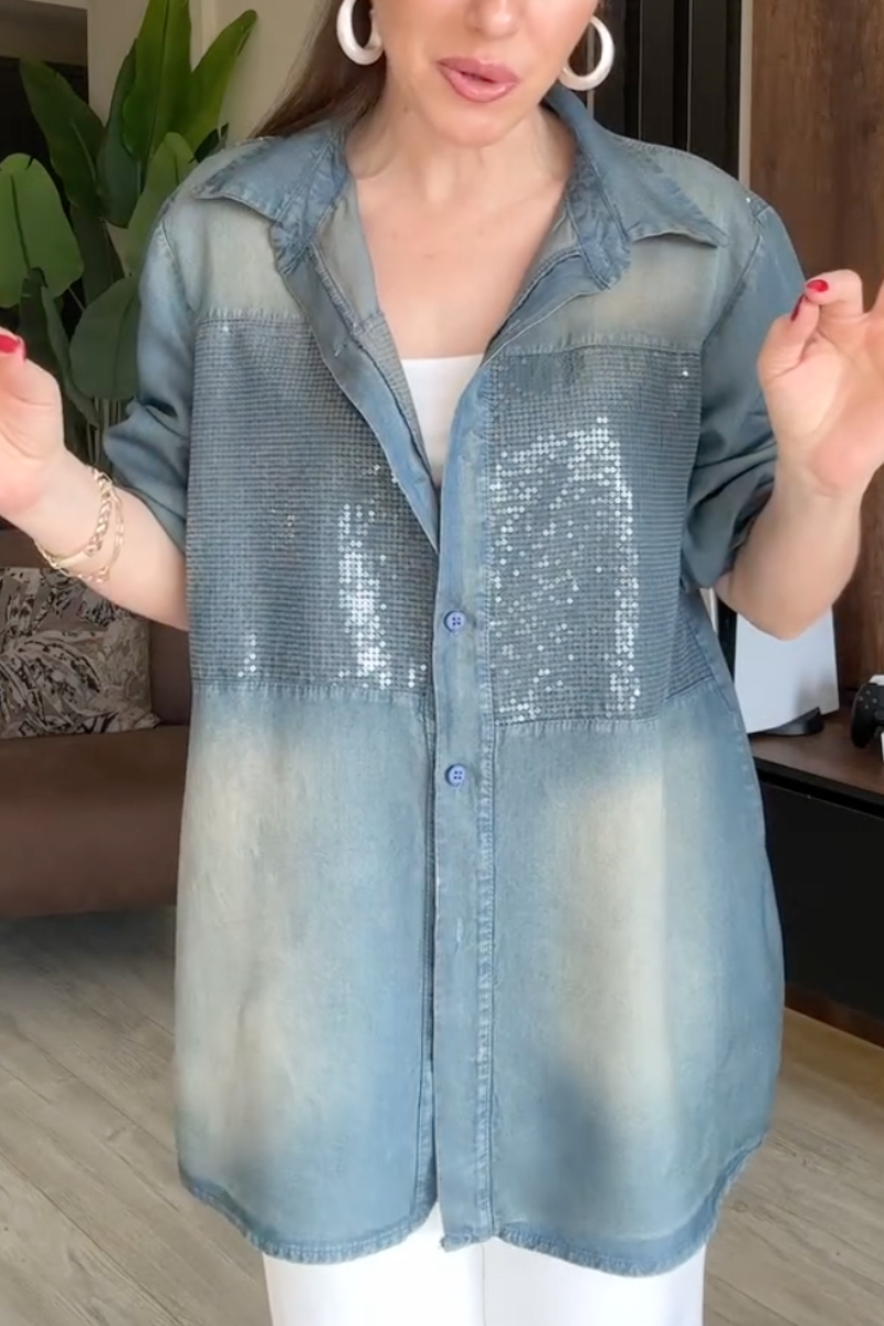 Women Collar Sequined Patchwork Tencel Denim Shirt