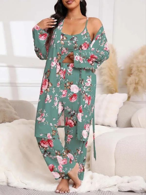 3-Piece Set Floral Print Belted Lounge Robe & Cami Top & Elastic