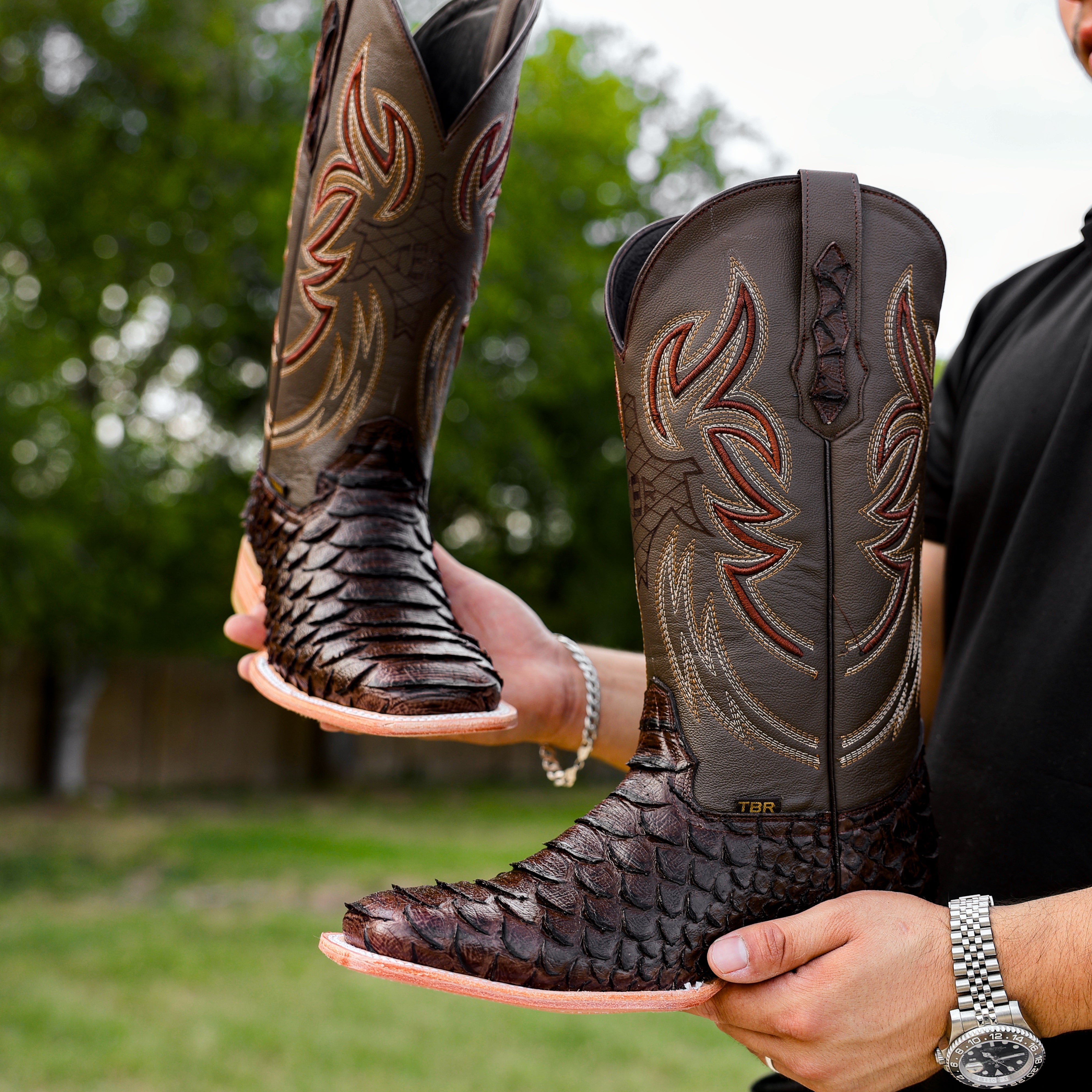 Chocolate Brown Python Leather Boots - Square Toe