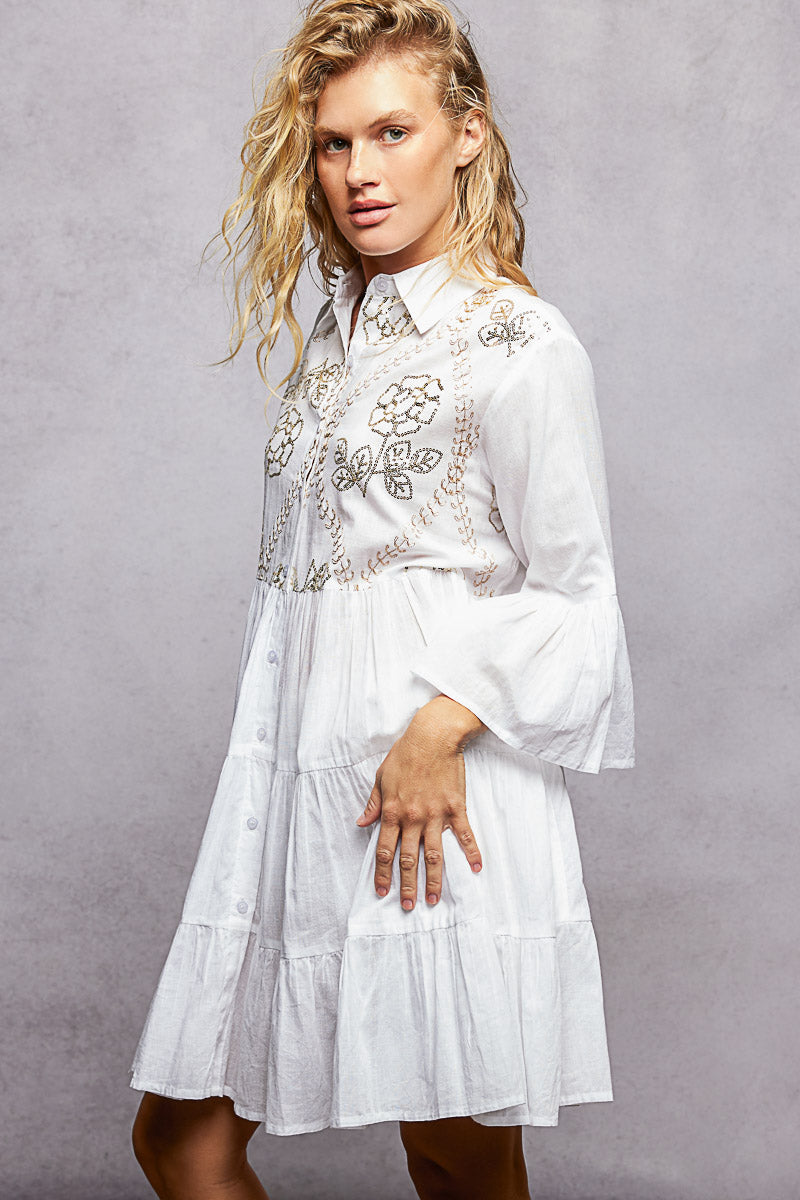 Floral Sequin Embroidered Mini Tiered Shirt Dress