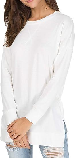 Women Long Sleeve Cotton Top Round Neck Casual Solid Color Top