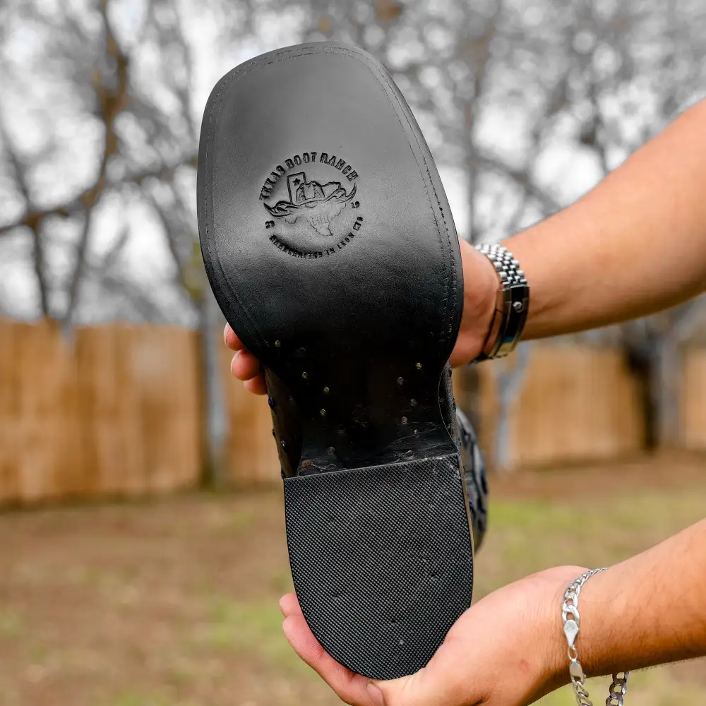 Black/Blue Ostrich Leather Boots - Square Toe