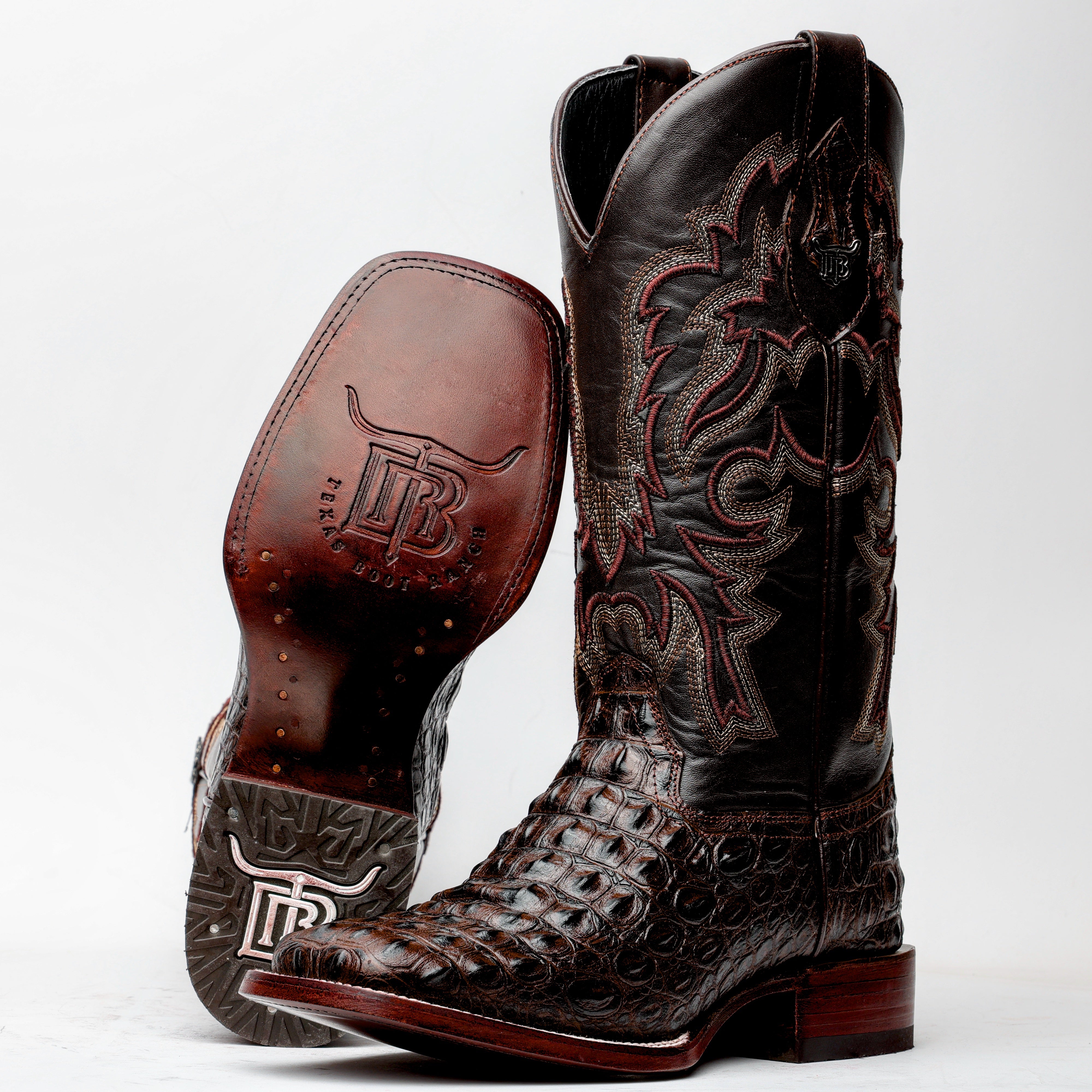 Brown Caiman Hornback Leather Boots - Square Toe