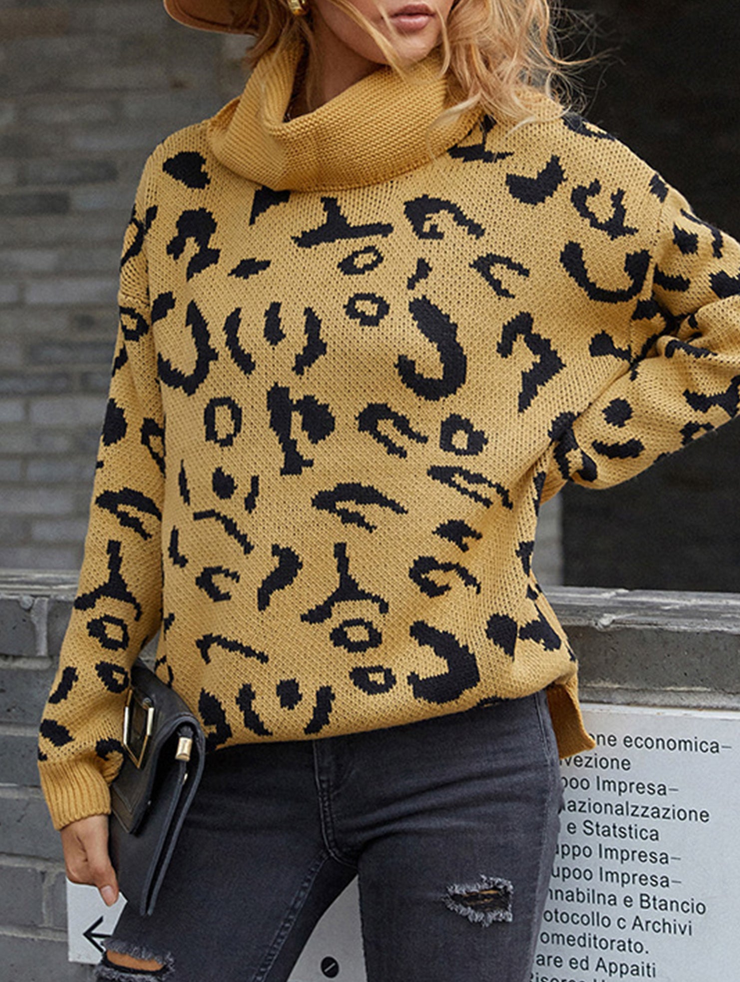 Leopard Knit Pullover Sweater with Side Slit