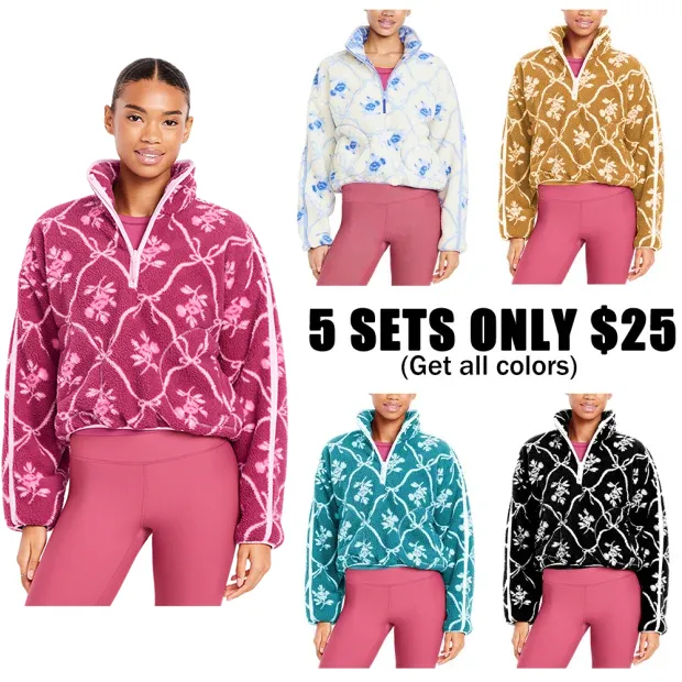Printed Loose Sherpa Quarter-Zip Pullover