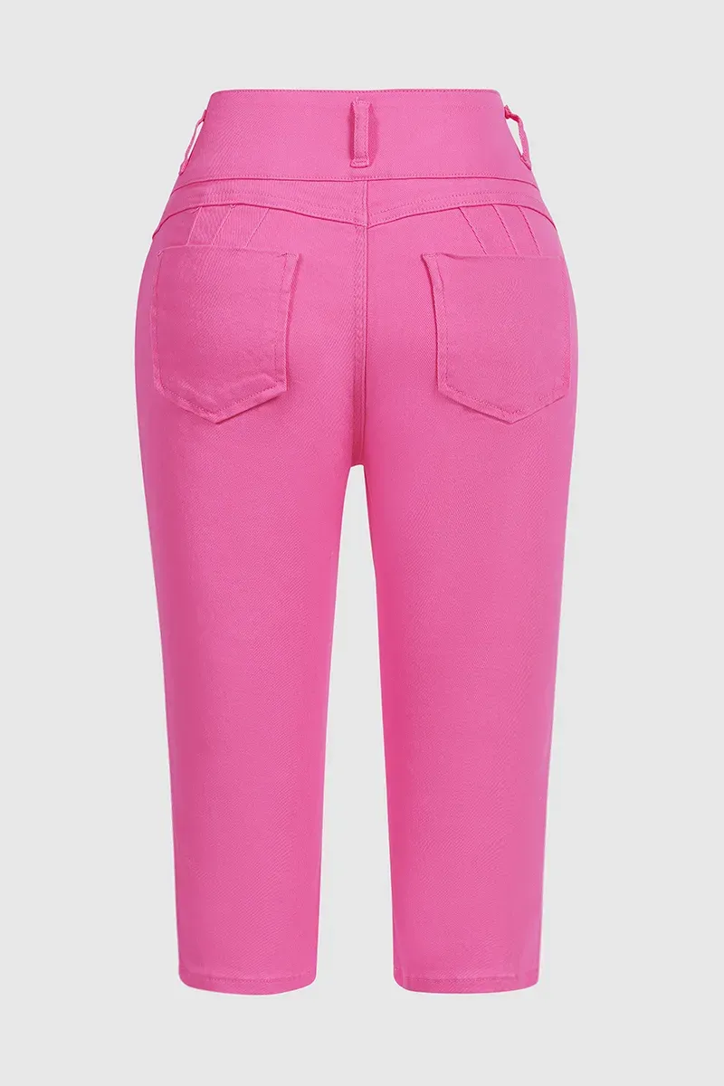 Solid Cut Out Waist Skinny High Waist Capri Jeans2