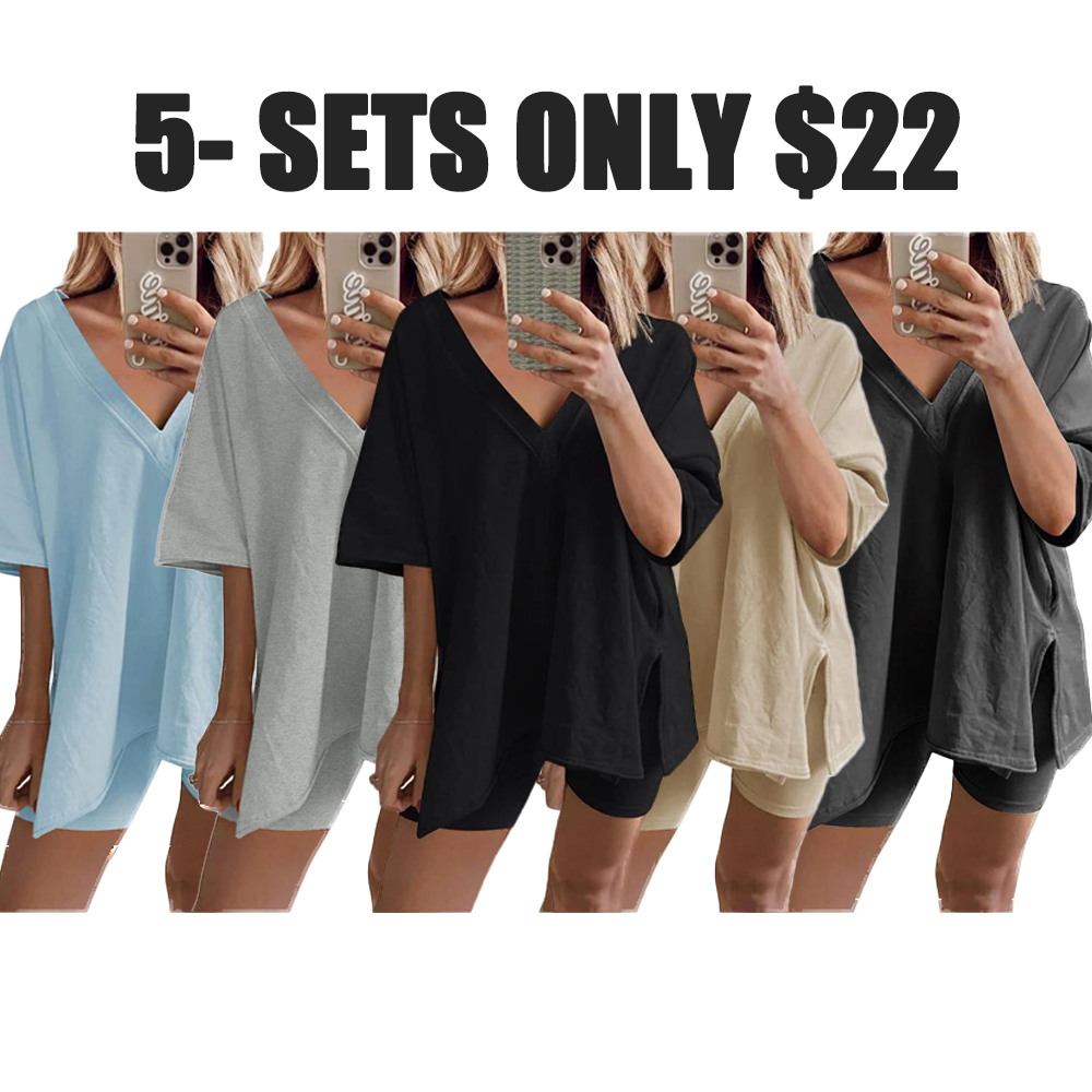 Women’s Oversized 2-Piece Lounge Shorts Set – Reversible V-Neck/Round Neck T-Shirt & Matching Shorts – Plus Size Friendly Casual Wear (Sizes S–5XL)