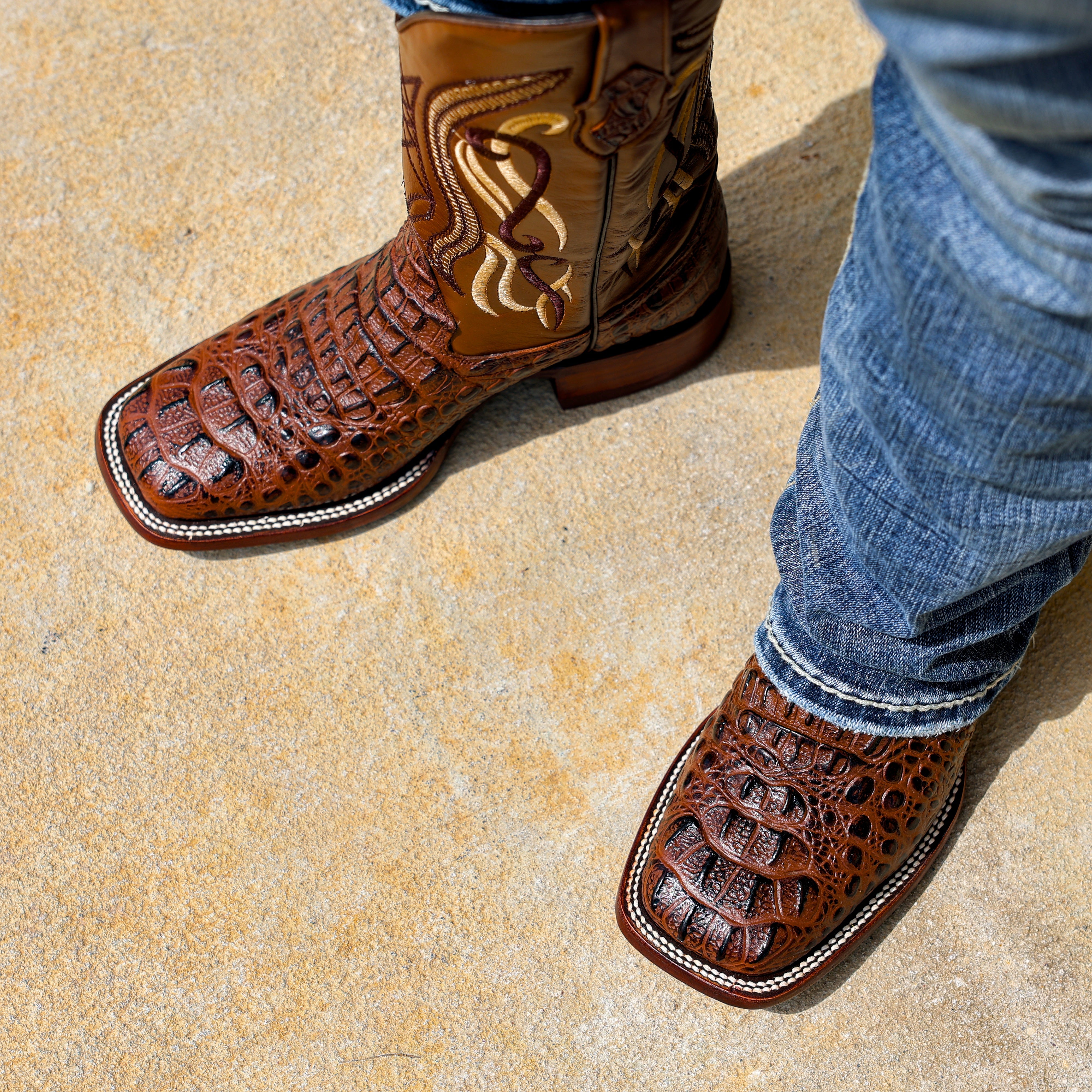 Brown Caiman Neck Leather Boots - Square Toe