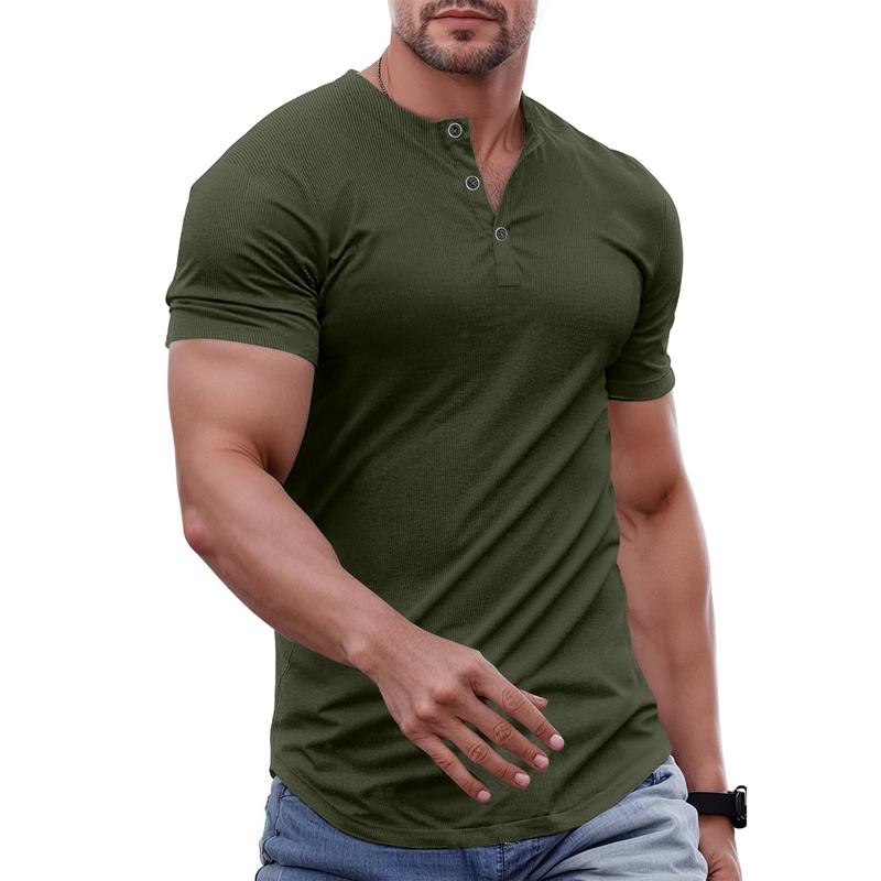 Men's Plain Muscle Slim Fitted Henley Shirts Crewneck Longline T-Shirt