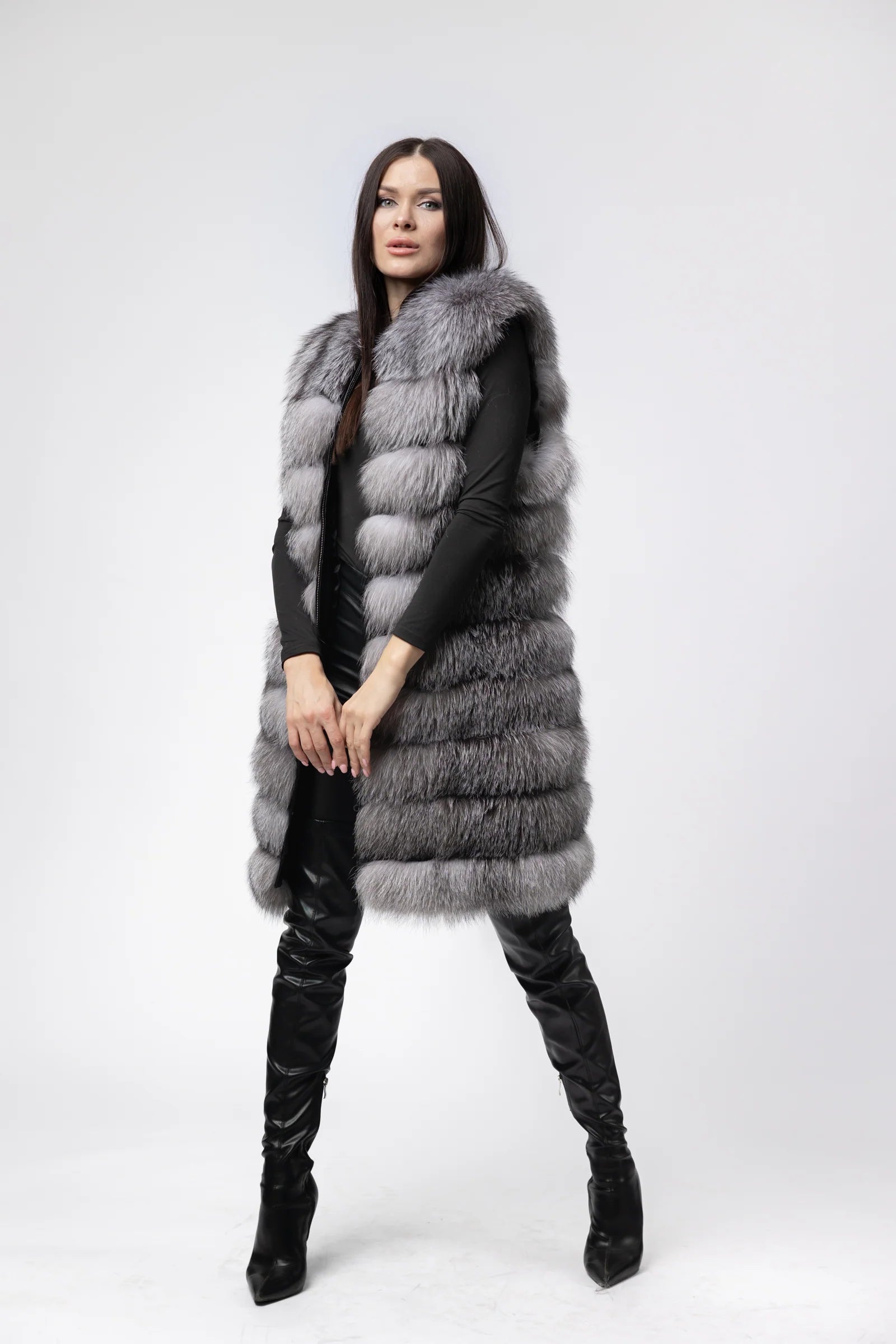 Haină din Blană Naturală de Vulpe, Femei, Transformabilă 6 în 1, Silver Grey 257