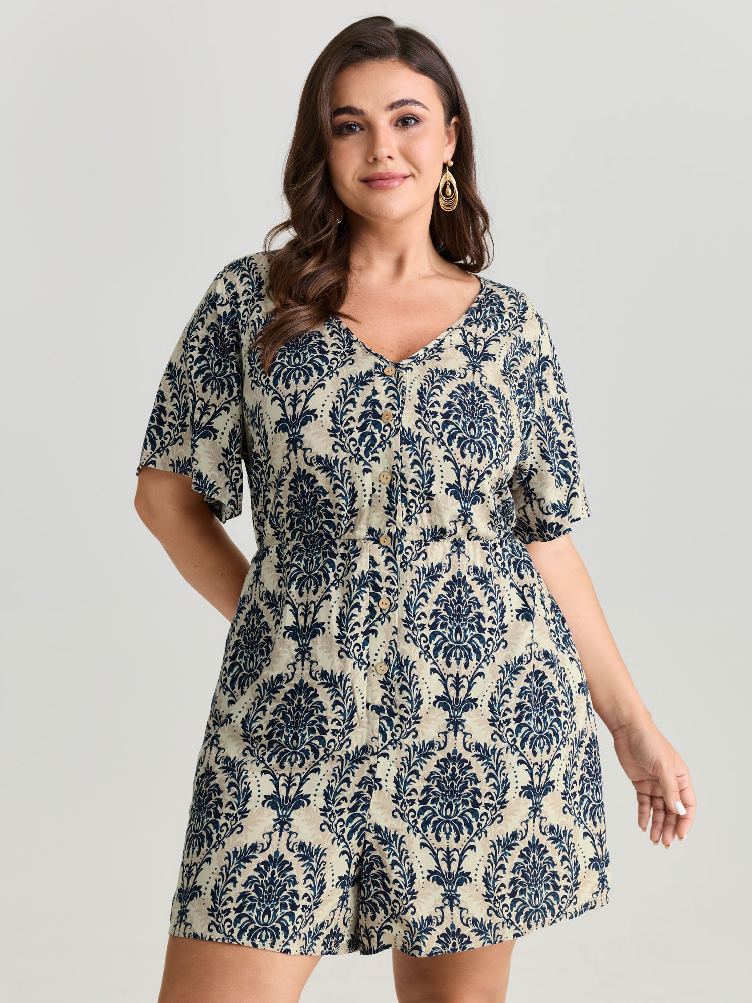 Tropical Leaf Print Pockets Button Romper