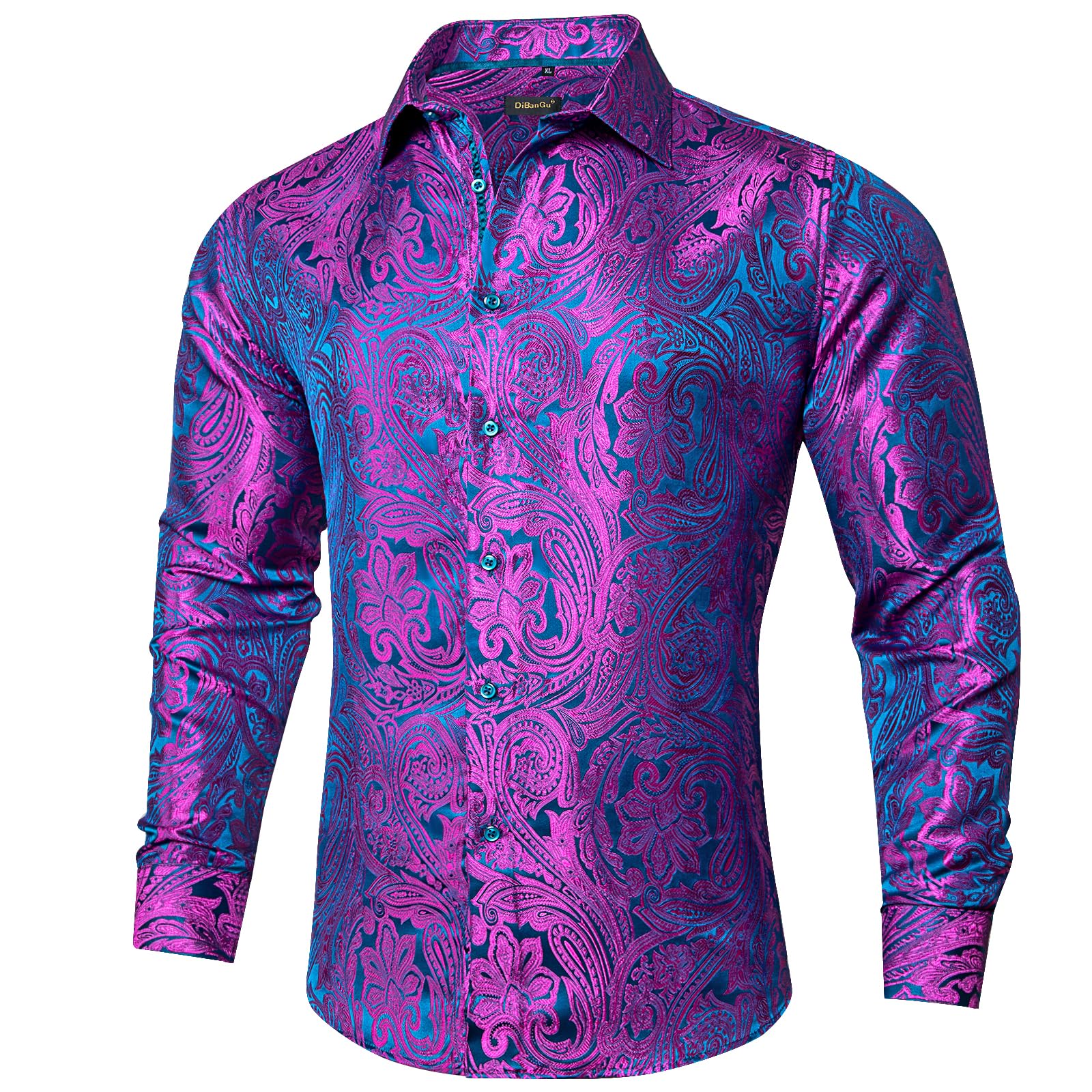 Men's Paisley Dress Shirt Long Sleeve Wrinkle Free Button Down Cowboy Shirts - Hot Pink&teal&paisley