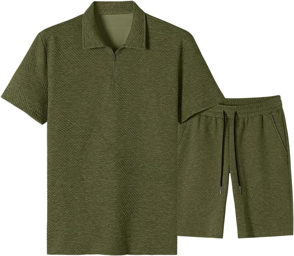 Men's Tracksuits 2 Piece Outfits Casual Sweatsuit Textured 1/4 Zip Short Sleeve Golf Polo Shirt and Short Sets