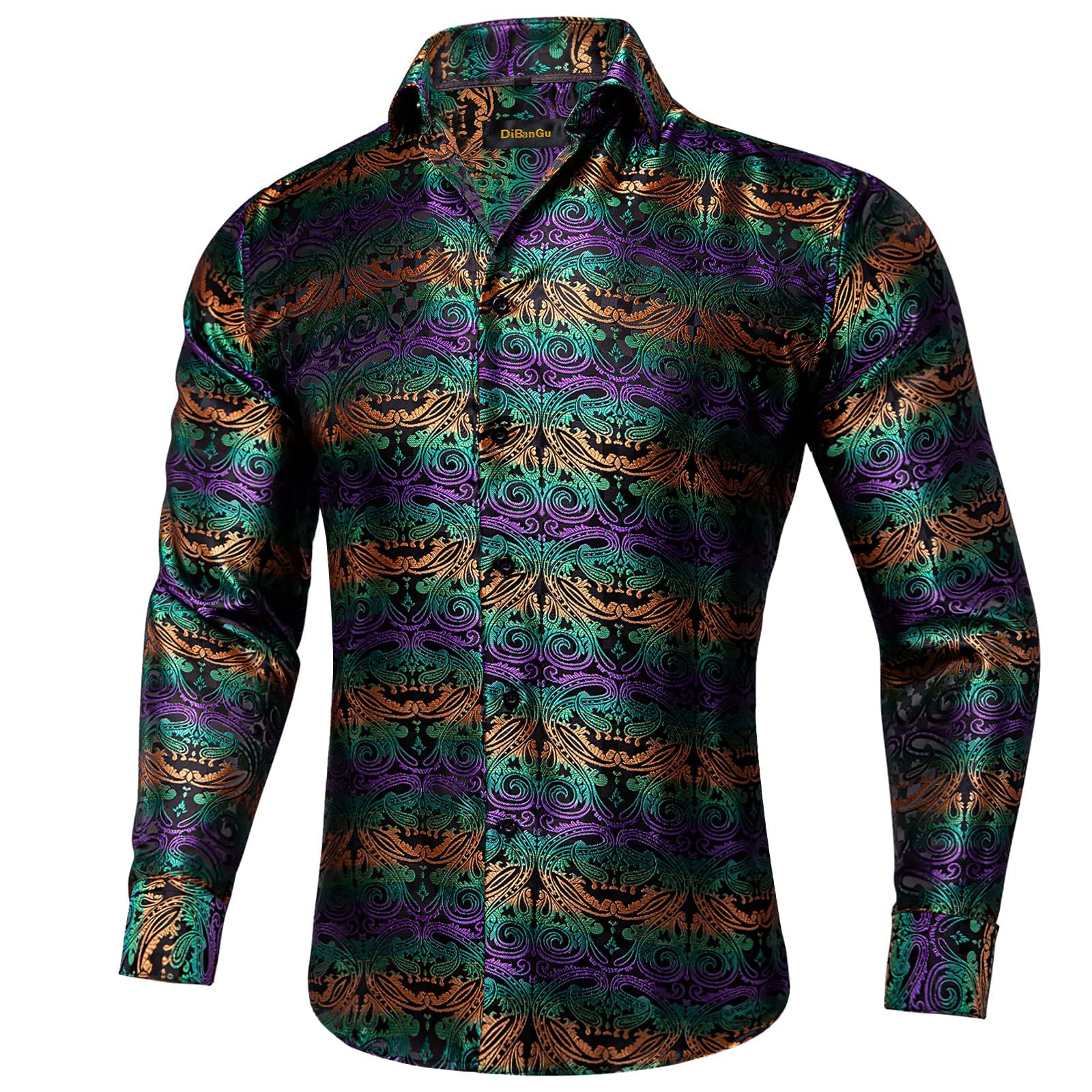 Men's Paisley Dress Shirt Long Sleeve Wrinkle Free Button Down Cowboy Shirts - Purple Green Orange&paisley