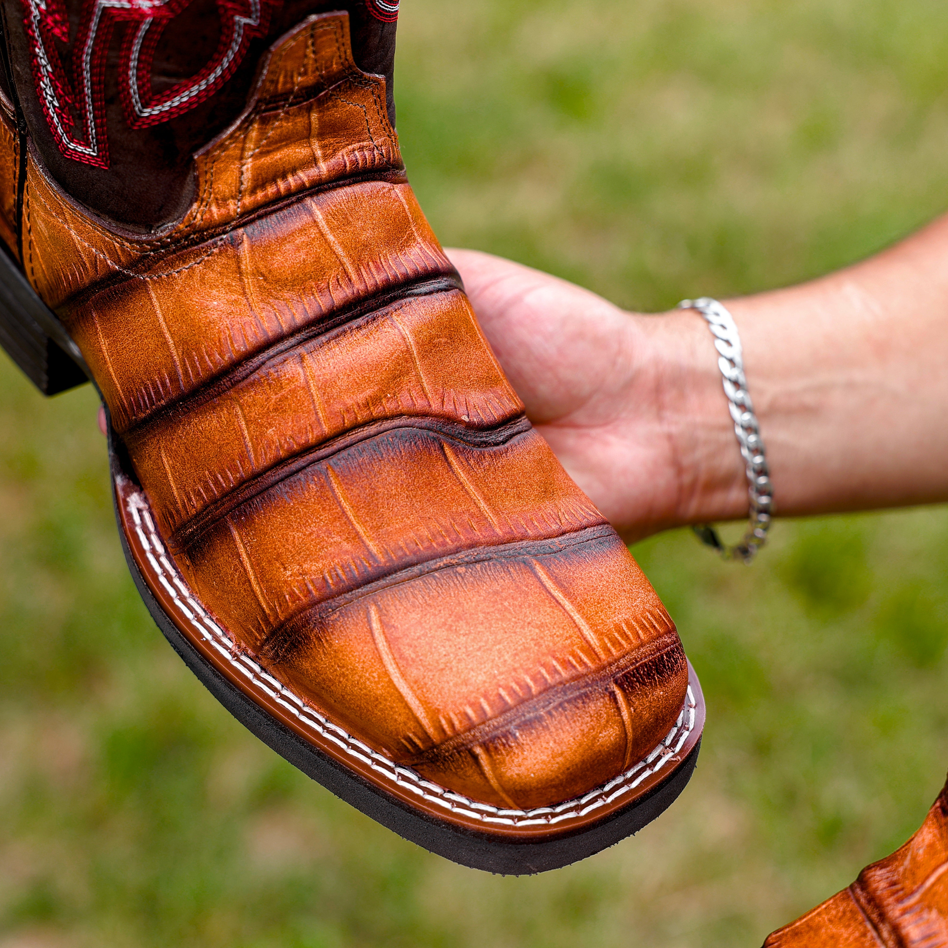 Cognac American Gator Belly Leather Boots With Lightweight Soles - Square Toe