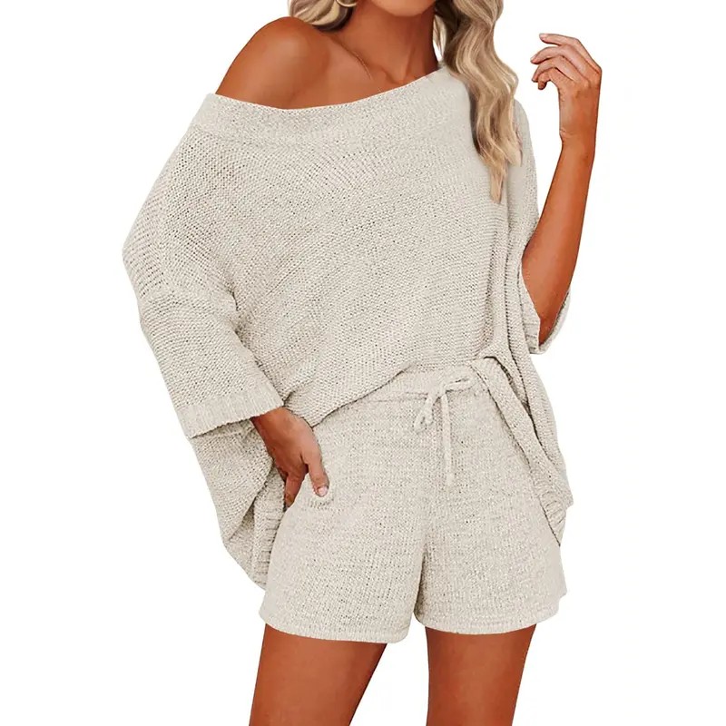 isace Women's 2 Piece Knit Lounge Set – Off-Shoulder Sweater Top and Shorts Matching Outfit, Cute and Comfy Pajama or Casual Wear