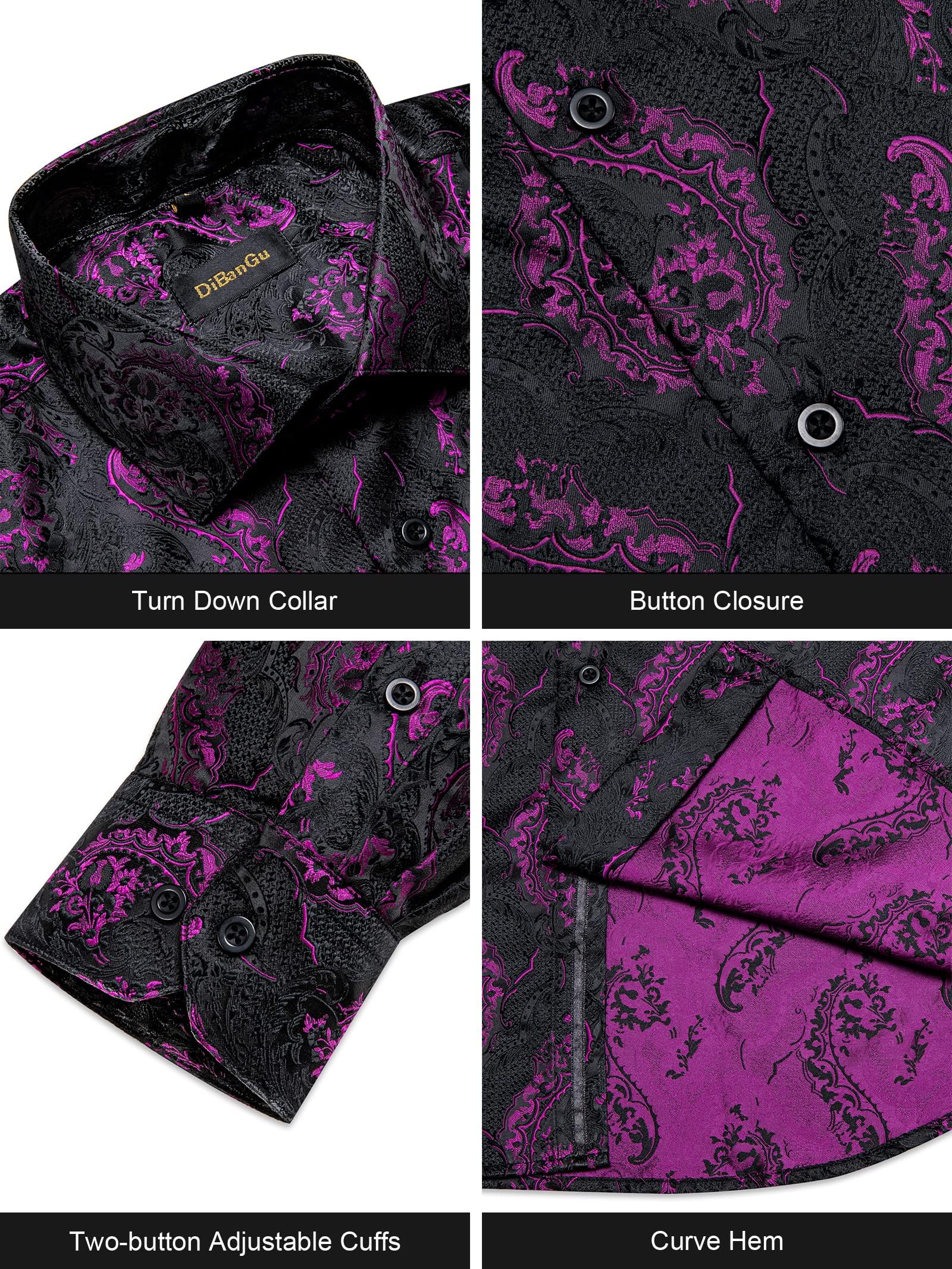 Men's Paisley Dress Shirt Long Sleeve Wrinkle Free Button Down Cowboy Shirts - Black&plum Purple&paisley