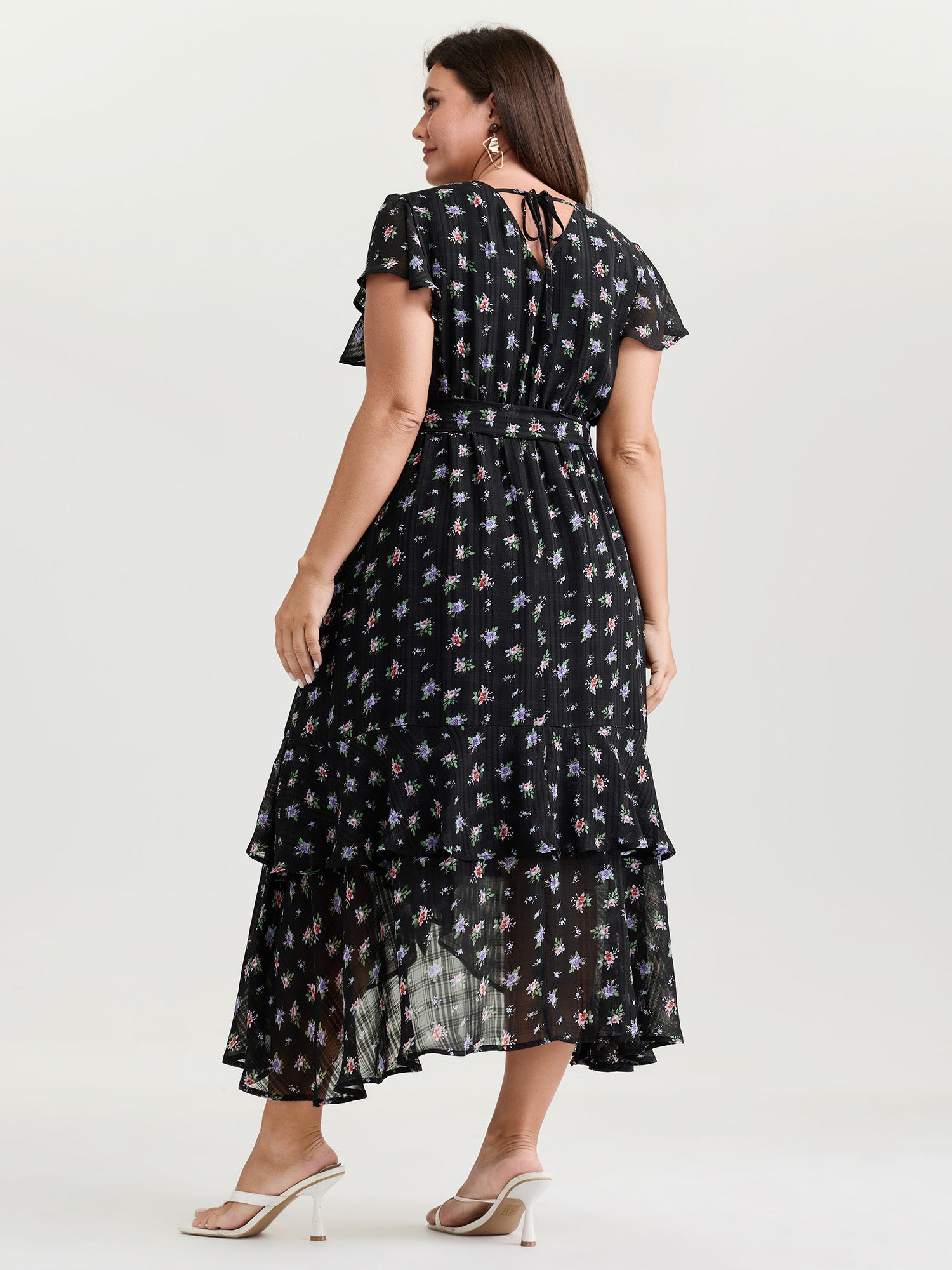 Floral Print Waist-Tie High Low Hem Midi Dress