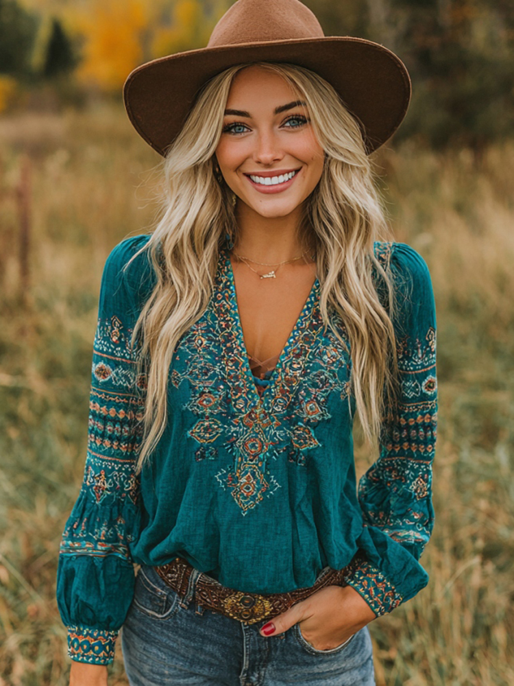 Women's Vintage Western Geometric Print V-neck T-shirt