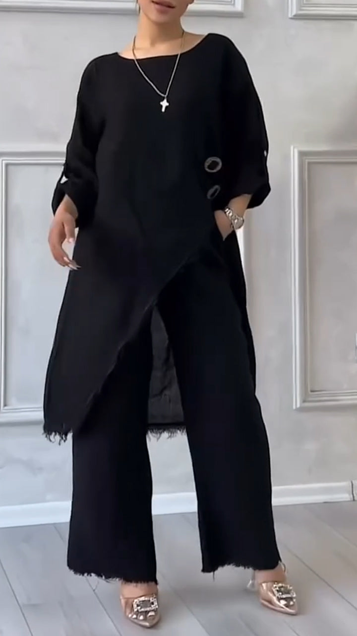 Women's Round Neck Irregular Cotton and Linen Casual Suit