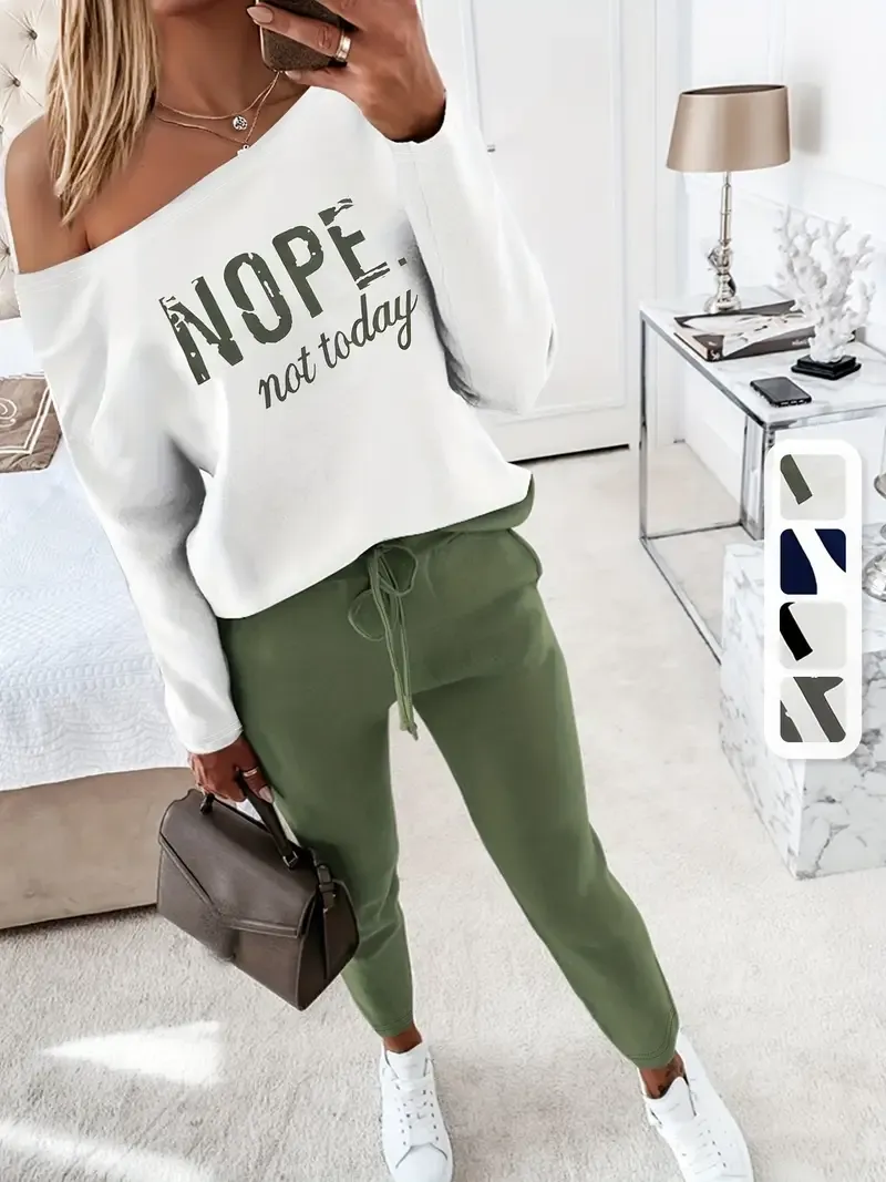 Two Piece Spring/Fall Casual Two-Piece Set with Nope Not Today Print, Long Sleeve Top & Drawstring Pants for Women