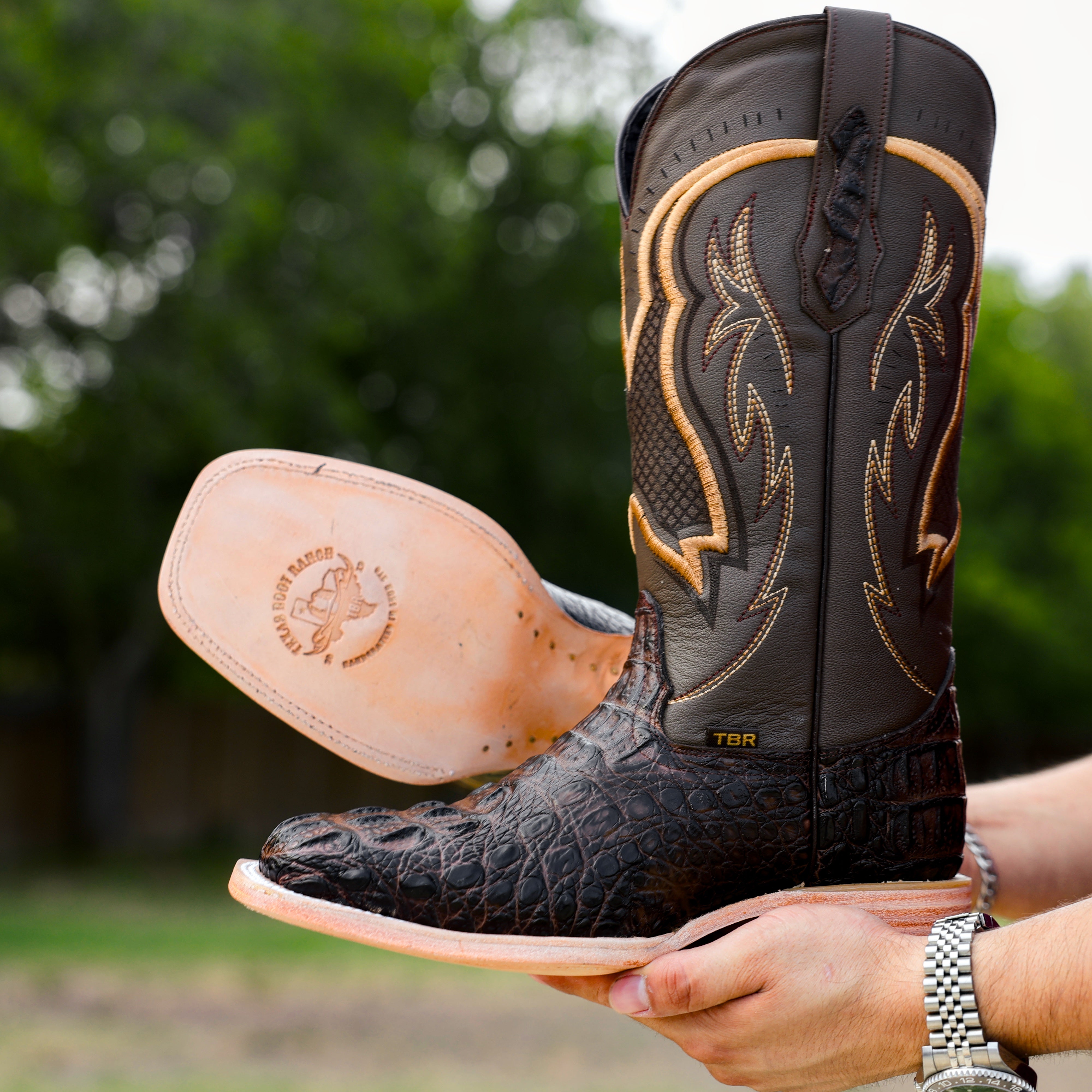 Chocolate Brown Caiman Neck Leather Boots - Square Toe