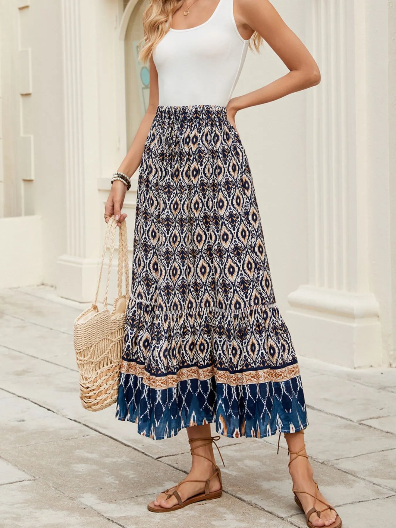 Bohemian Printed Ruched Maxi Skirt