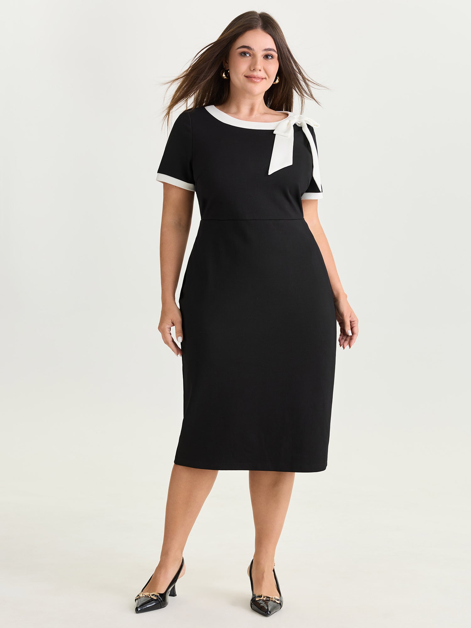 Side Bowknot Color Contrast Midi Dress