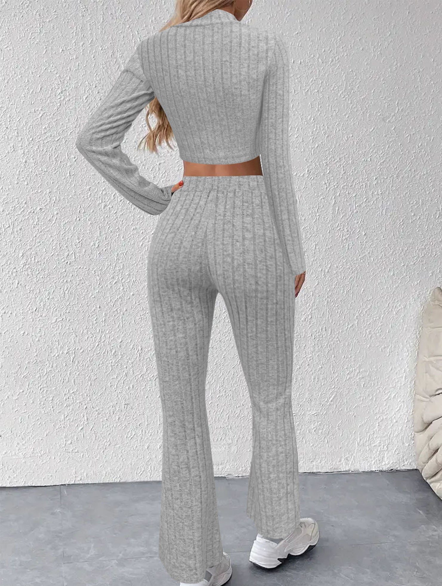 Women's Ribbed Cardigan High Waist Flare Pants Suit_CWSS01459