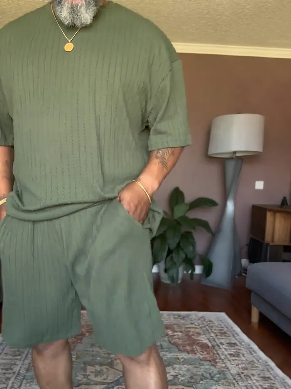 Men'S Solid Color Textured T-Shirt & Pants Set