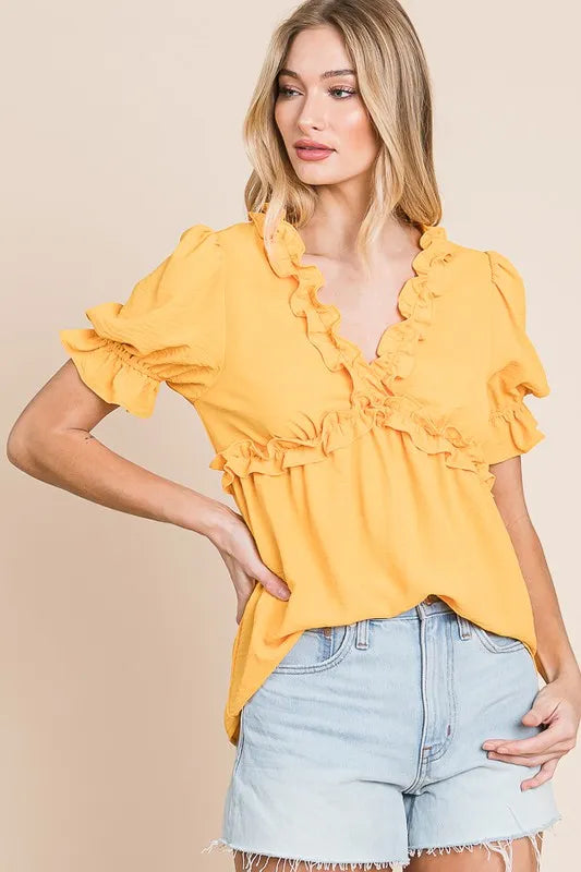 Solid Ruffled Deep V-Neck Puff Sleeve Babydoll Top