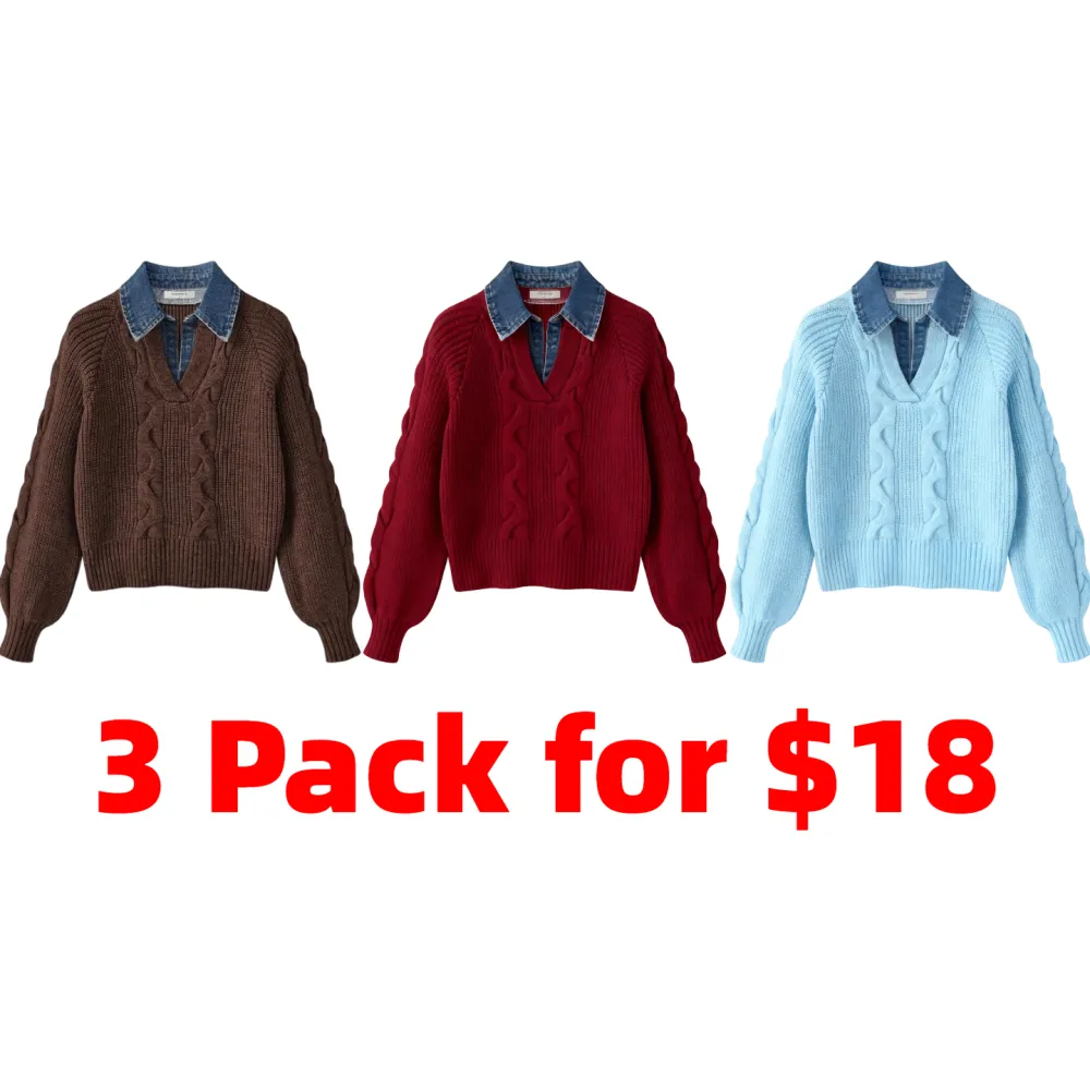 Denim Panel Ribbed Lapel Sweater