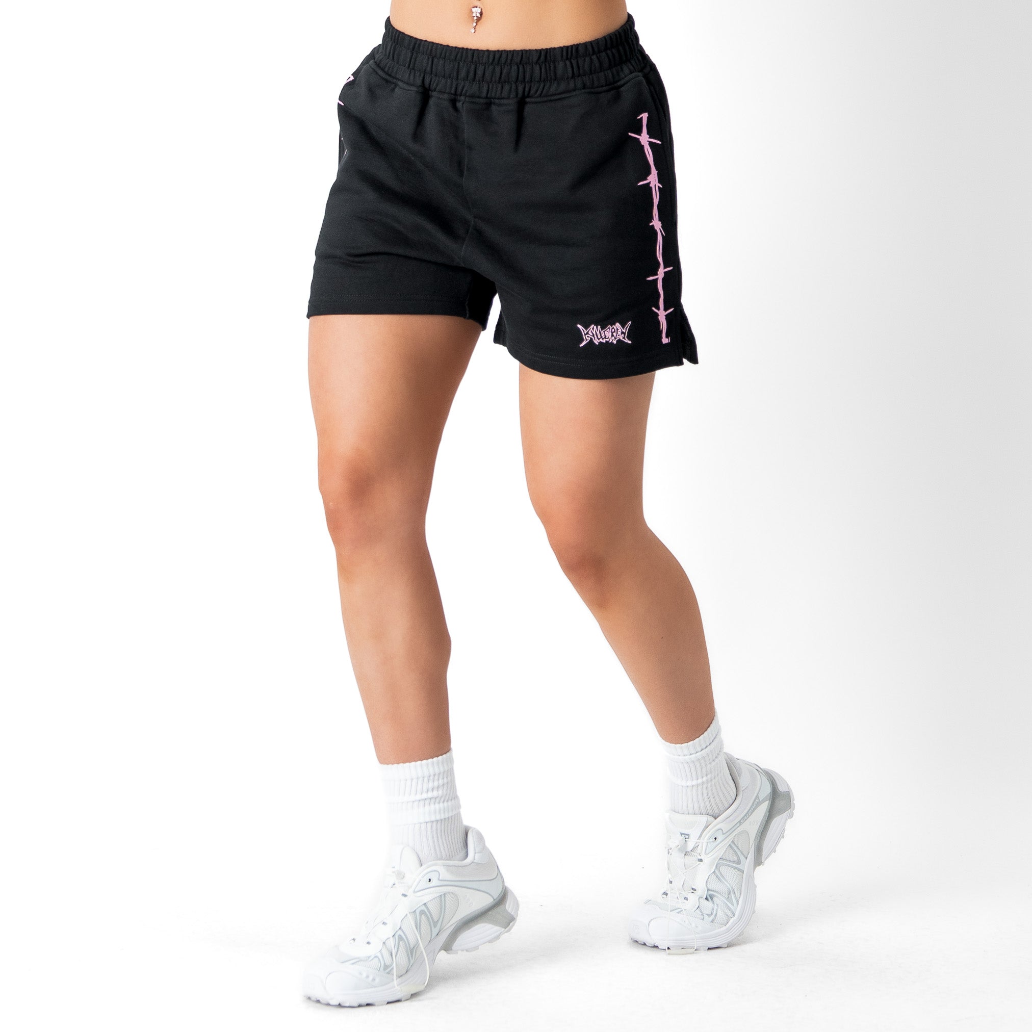 COTTON SHORTS (MID THIGH CUT) BARBWIRE - BLACK / PINK