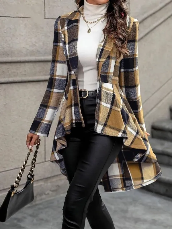 Women's Plaid Print Button High Low Hem Jacket
