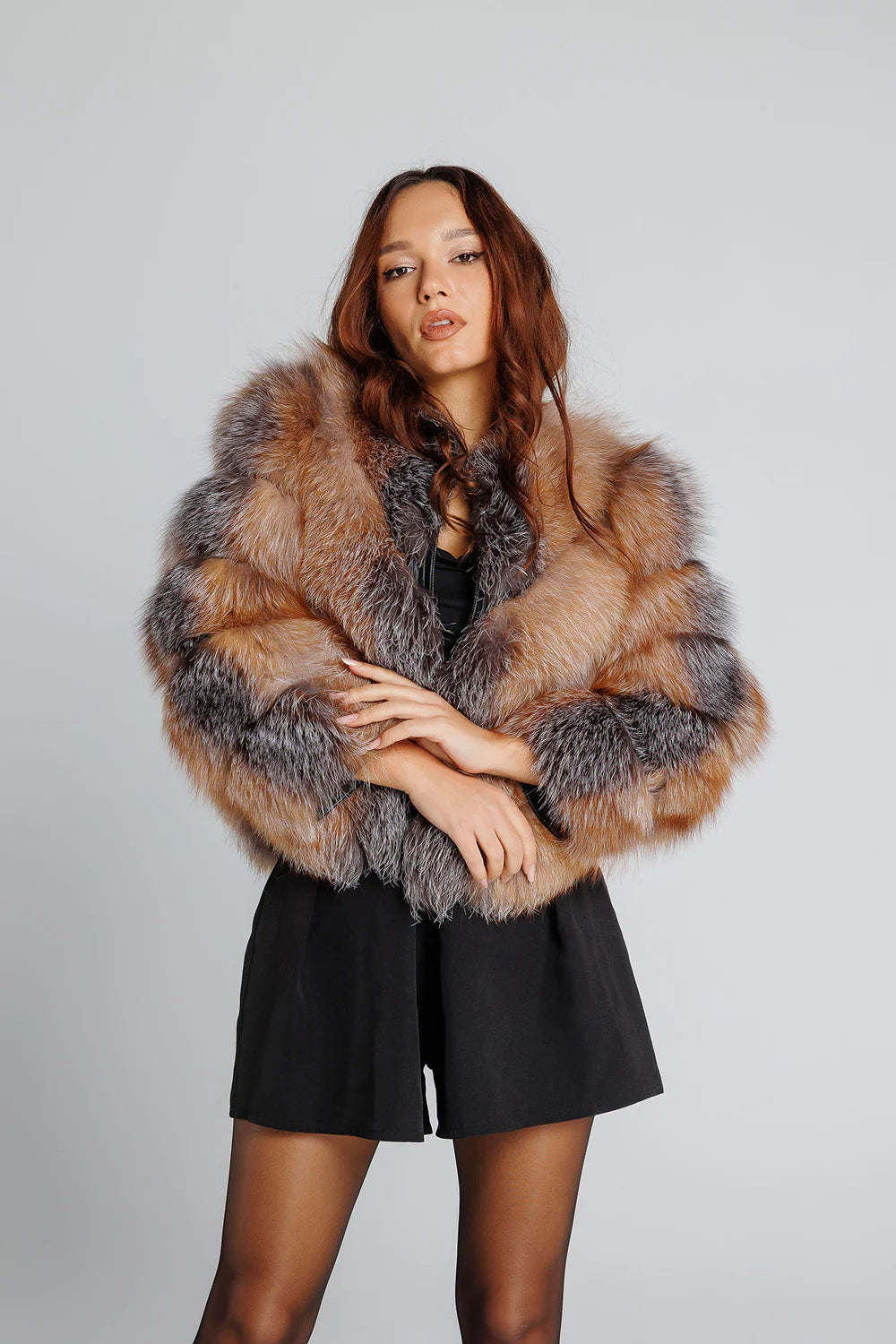 Haină din Blană Naturală de Vulpe Argintie, V Model, Transformabilă, Femei, Brown Frost 350