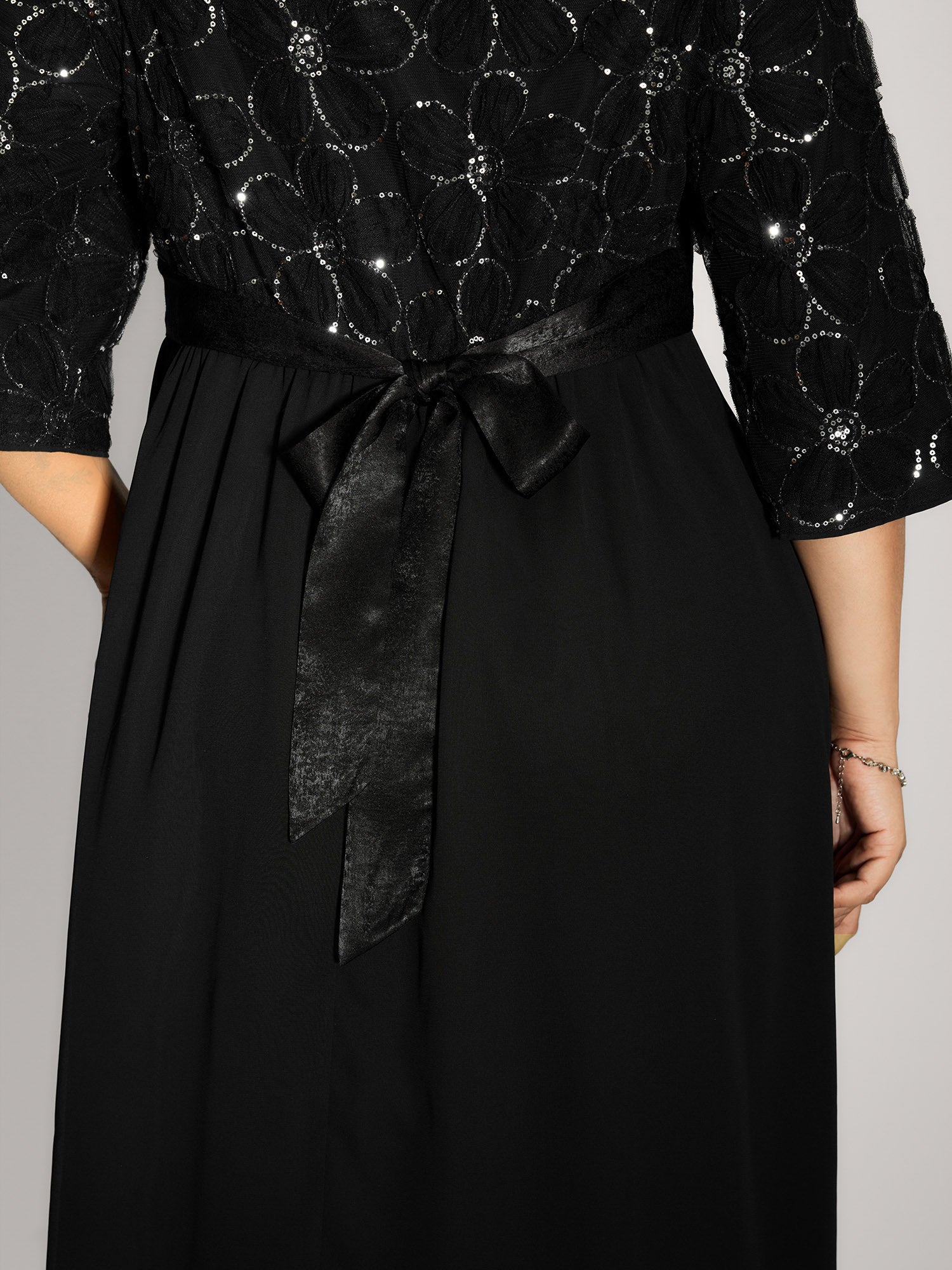 Sequin Floral Tulle Shirred Waist Midi Dress