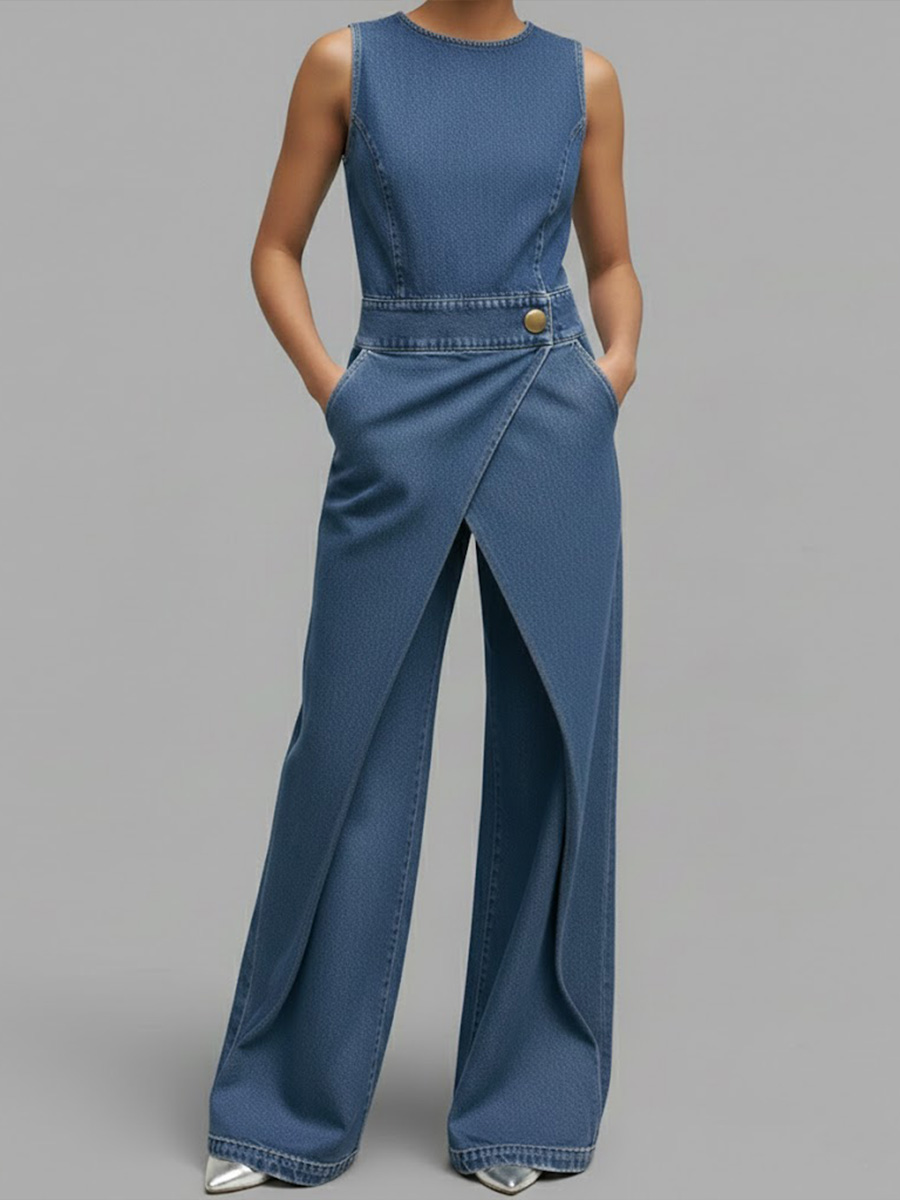 Women's Round Neck Sleeveless Casual Loose Denim Wide-leg Jumpsuit