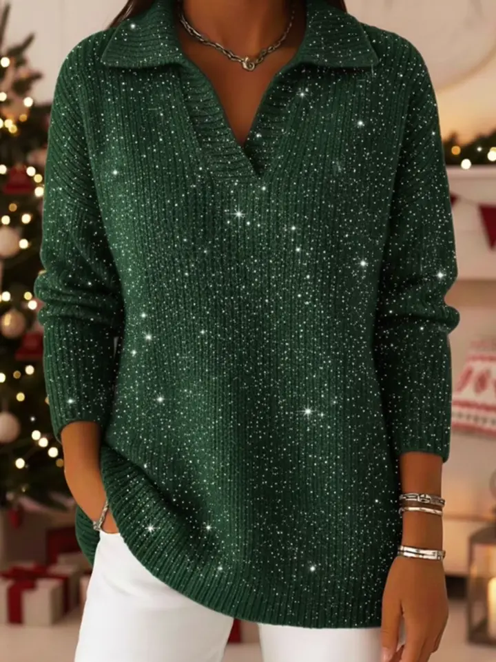 Christmas Party Polo Collar Shiny Loose Sweater Top