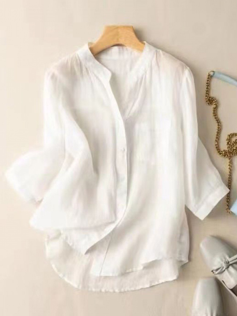 Women's V-neck Solid Color 3/4 Sleeve Casual Linen Cardigan Shirt