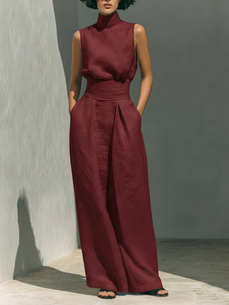 Elegant stand-collar shirt and wide-leg pants two-piece set