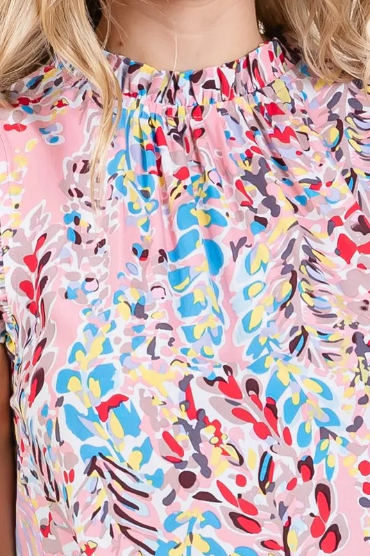 Ruffle Trim Mock Neck Sleeveless Top in Pink